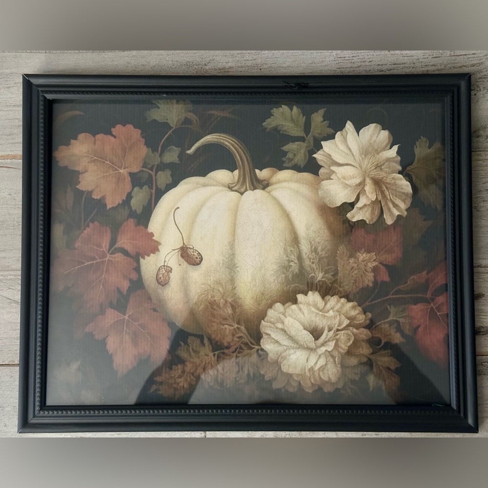 WHITE PUMPKIN AND FLOWERS AUTUMN STILL LIFE FALL ART Framrd 8x10” PRINT